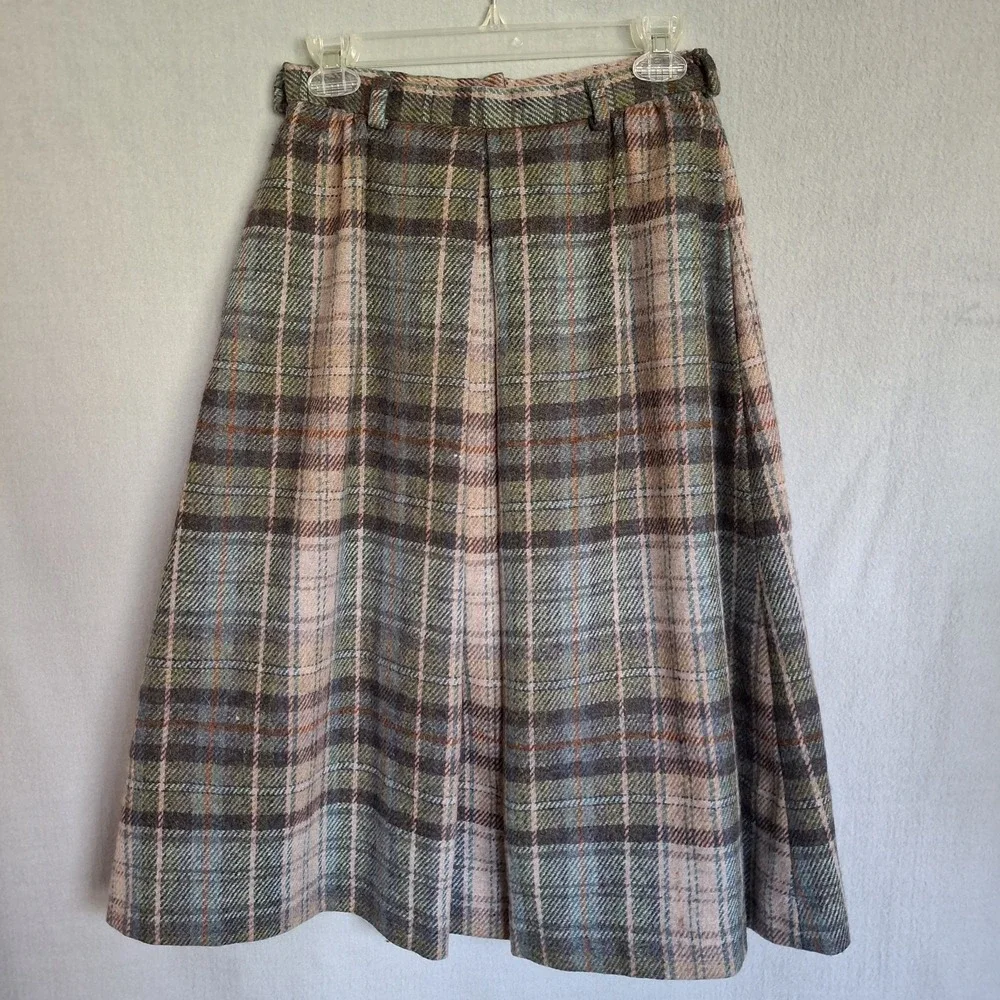 Vintage THE SPORTING LIFE Size 10 Plaid Wool Skirt Brown Pink Zip Made In USA - Picture 1 of 14